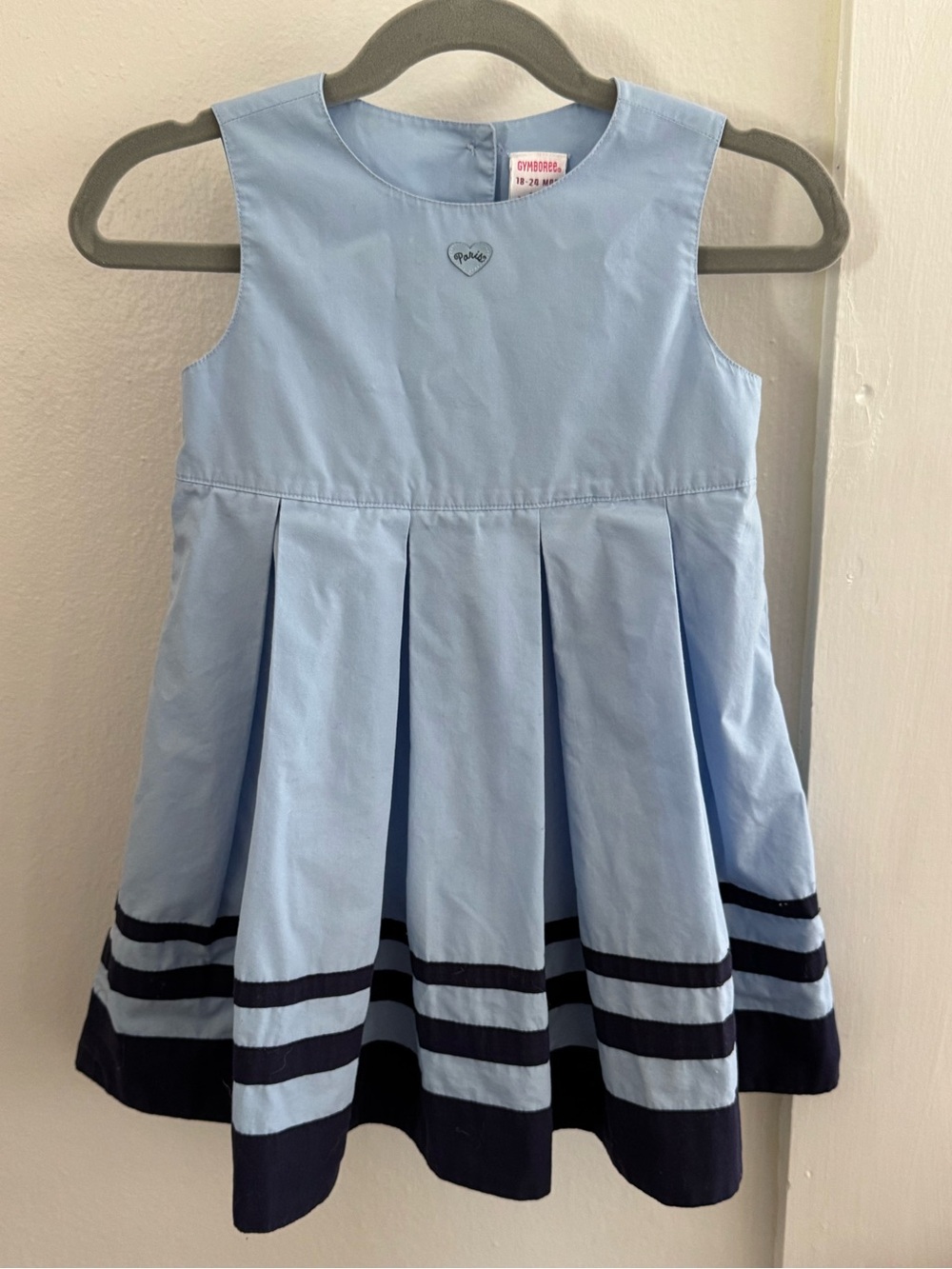 Vintage Gymboree Light Blue Sleeveless Pleated Dress with Navy Stripe Hem